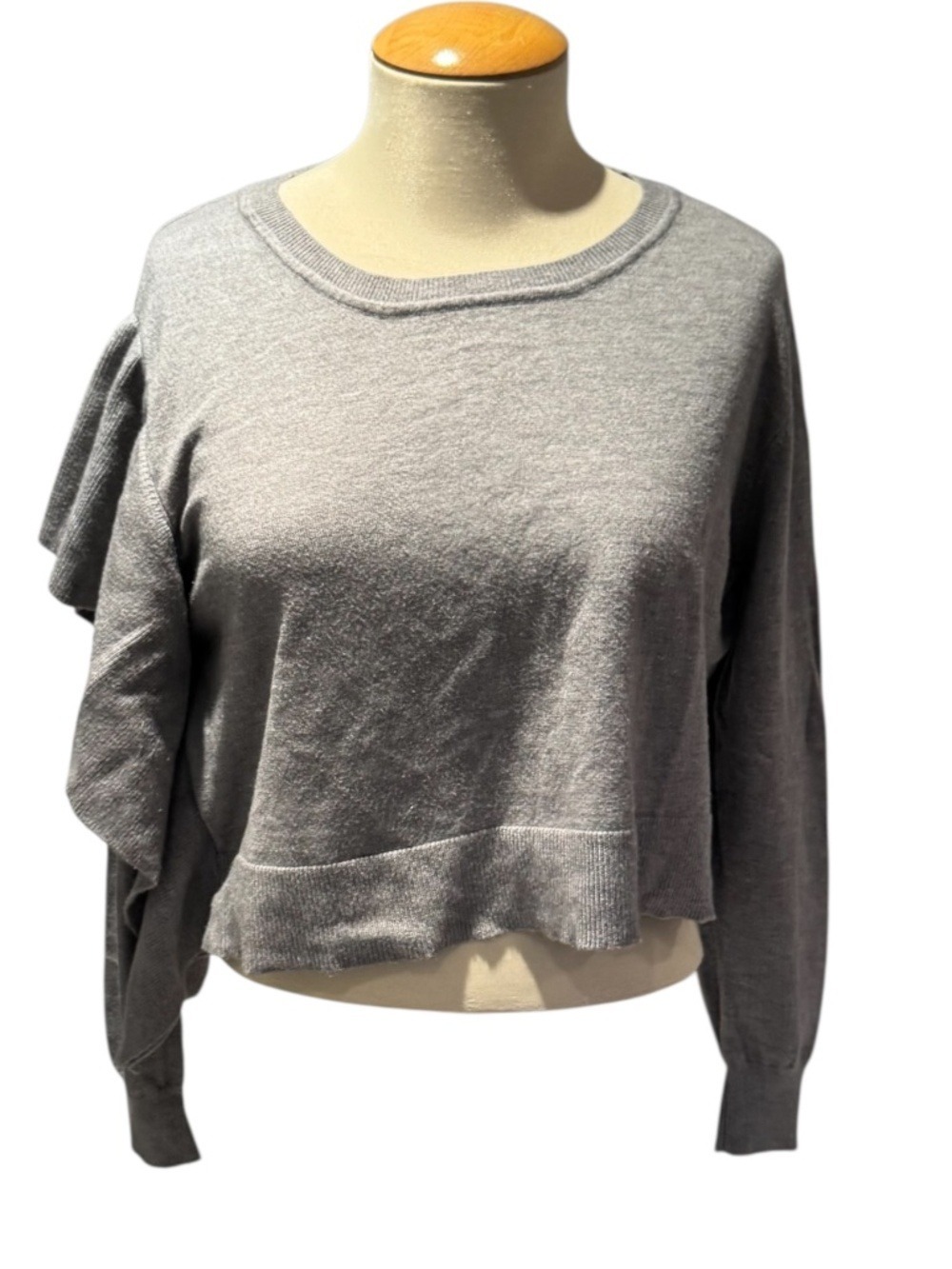 ZARA grey knit boxy cropped sweater with asymmetrical ruffle detail - size small